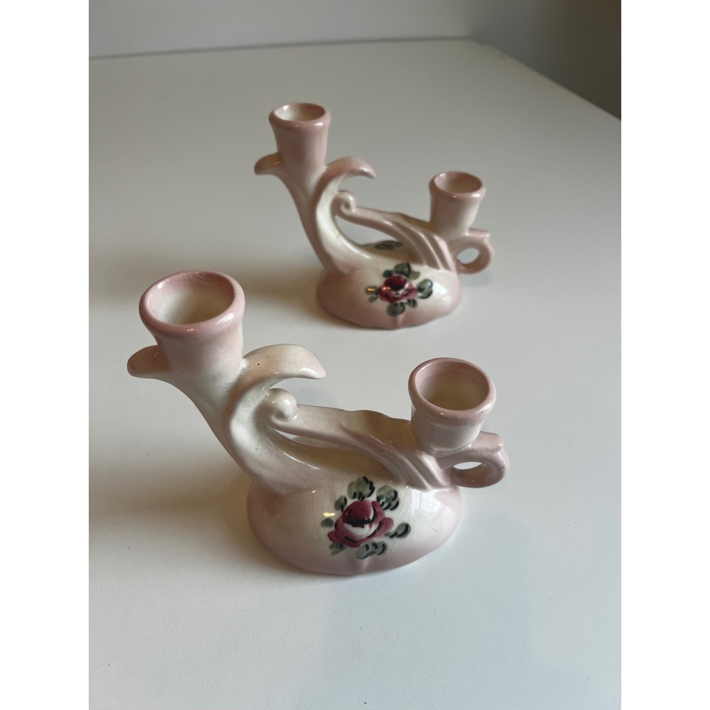 Vintage Camark Ceramic Double Candle‎ Holders Pink Floral Rose  Pair